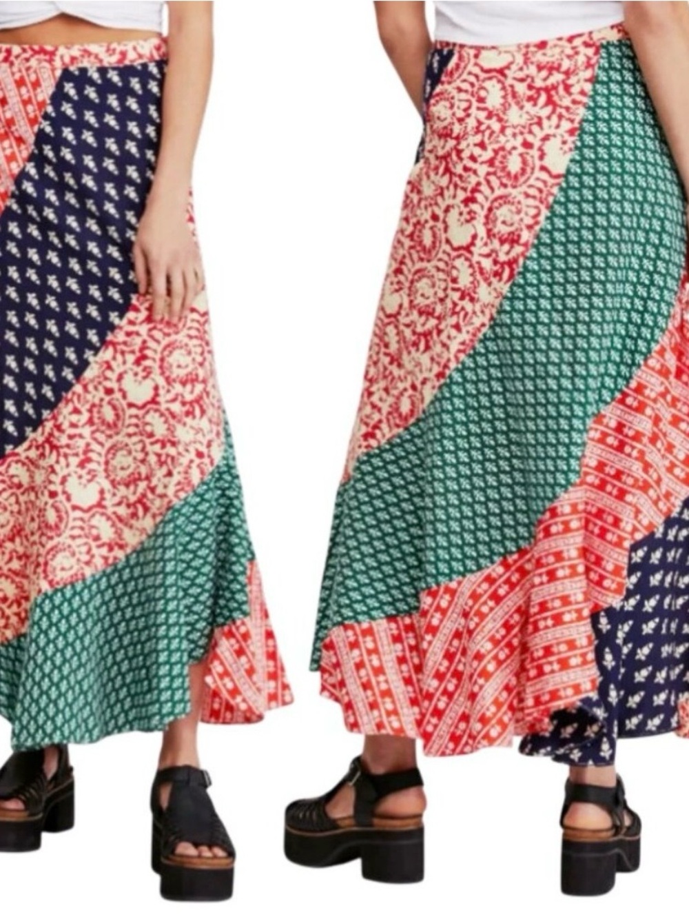Polska Medley Patchwork Maxi Skirt in Red, Green & Navy